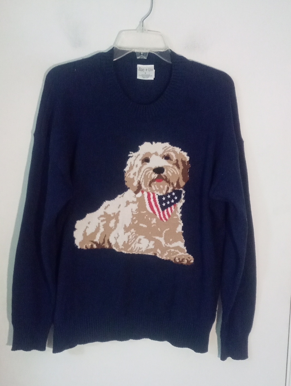 * Zoe + Liv Navy Crewneck Sweater with Dog and Flag Bandana Large New NWT $40